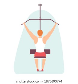 Rear view of a young man doing exercise on a exercise machine. Torso day. Healthy lifestyle. Vector illustration in hand drawn flat style