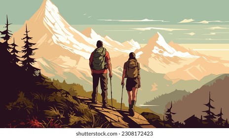 Rear view of young tourist couple travellers hiking in nature
