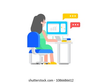 Rear view young woman freelancer working at desk with computer at remote work. Vector image