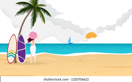 Rear view of young woman in pink hat and pink bikini standing on tropical beach under coconut tree with sunset background, vector illustration.