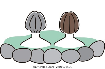Rear view of a young woman and a senior woman taking a hot spring bath