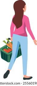 Rear view of a young woman walking away, carrying a shopping basket filled with fresh vegetables, promoting a healthy lifestyle and conscious consumerism