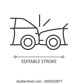 Rear-end collision linear icon. Hitting vehicle from behind. Accident in congested traffic. Thin line customizable illustration. Contour symbol. Vector isolated outline drawing. Editable stroke