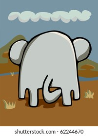 Rear-end view of an elephant grazing in an African grassland.