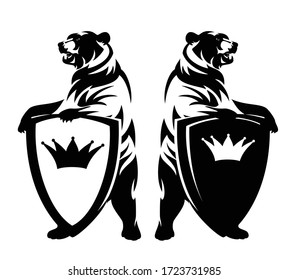 rearing up bear holding heraldic shield with king crown - black and white vector royal coat of arms design set