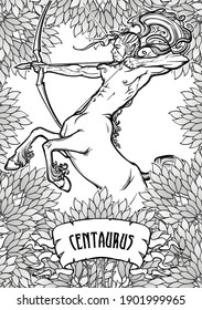 Rearing Centaur holding bow and arrow framed with leafy trees. Tattoo design. Coloring book page. EPS10 vector illustration