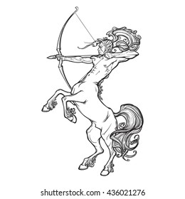 Rearing Centaur holding bow and arrow. Boho style look. Vintage style illystration. Vintage tattoo design. EPS10 vector illustration