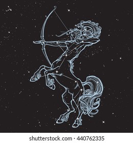 Céntrico sosteniendo arco y flecha. El estilo boho. Fondo nocturno negro con estrellas. Signo de zodiaco. Diseño astrológico. Ilustración vectorial EPS10