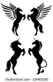 rearing up fantasy horses vector silhouettes - black and white design