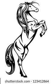 rearing up horse - black and white vector outline