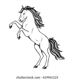 Rearing up horse black and white.Retro design. 