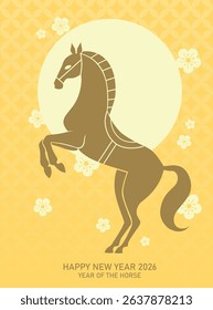 Rearing horse for chinese new year 2026 card. Zodiac horse silhouette on plum blossoms background.