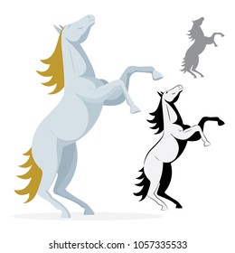 Rearing up horse in different drawing styles.
Rearing horse cartoon, silhouette, flat and hand drawn illustrations.