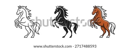 Rearing Horse Set in outline ,solid and flat illustration 