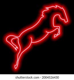 A rearing horse. Simple outline neon vector illustration. Red silhouette on black background
