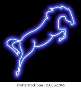 A rearing horse. Simple outline neon vector illustration. Blue silhouette on black background