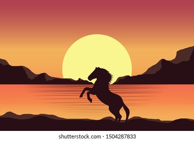 Rearing horses at sunset in the mountains. Rearing Horse Sunset. vector illustration