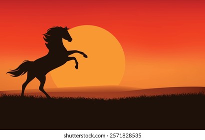 rearing up mustang stallion and sunset prairie - wild west horse silhouette against setting sun vector landscape