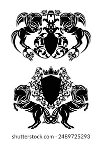 rearing up pegasus and horses heraldic shield - pair of winged stallions black and white hand drawn vector coat of arms set (produced without the use of any form of AI software at any stage)