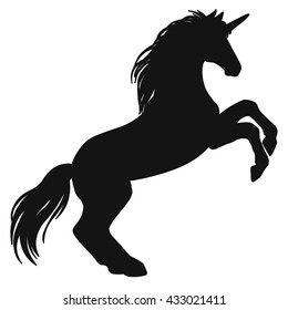 Rearing unicorn. Black silhouette. Hand drawn vector illustration