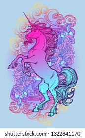 Rearing up Unicorn. Fantasy concept art for tattoo, logo. Colour drawing isolated on a colourful ornate composition of roses garland and curly clouds. EPS10 vector illustration.