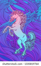 Rearing up Unicorn. Fantasy concept art for tattoo, logo. Colour drawing isolated on bright watercolor textured background. EPS10 vector illustration.