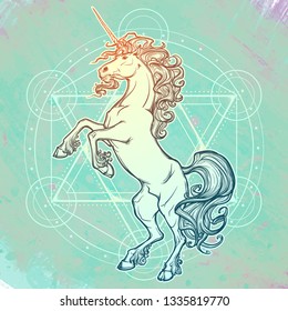 Rearing up Unicorn. Fantasy concept art for tattoo, logo. Colour drawing isolated on white background. EPS10 vector illustration.