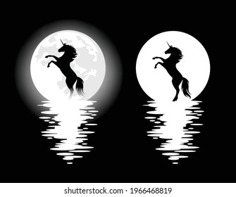 rearing up unicorn horse and full moon - mysterious night nature black and white vector design set with mythical animal spirit silhouette