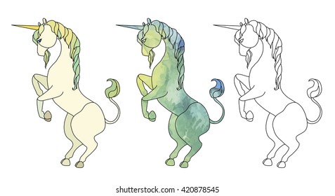 Rearing unicorn. Stained glass element. Line art, watercolor texture and colored