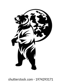 rearing up wild bear and full moon sphere black and white vector outline design