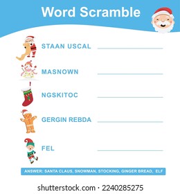 Rearrange The Word Scramble Game with Christmas theme in the correct order. Printable worksheet for learning English language for kids. Educational activity kit for children. Kawaii vector File.