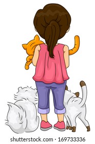 Rearview Illustration of a Girl Surrounded by Her Pet Cats