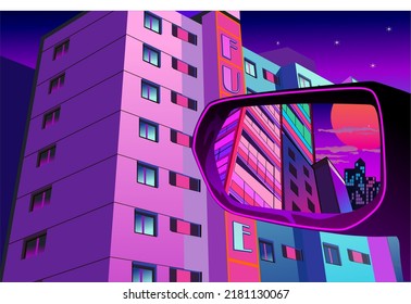 Rearview Mirror In The City,driving In The City,vaporwave Illustration Style