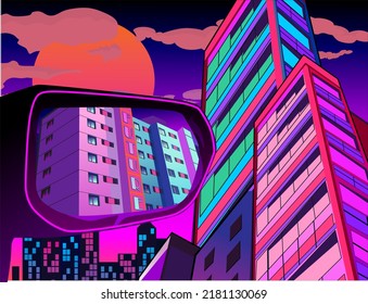 Rearview Mirror In The City,driving In The City,vaporwave Illustration Style