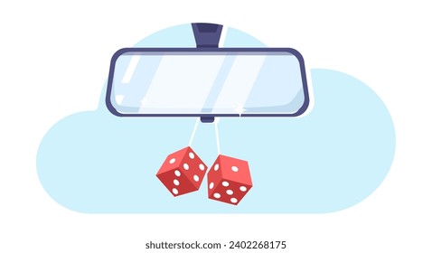 Rearview mirror with dangling cubes. Automobile behind reflection. Auto transportation. Drive visibility. Road reflect. Glass frame for vehicle back control. Handing svg