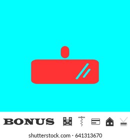Rearview mirror icon flat. Red pictogram on blue background. Vector illustration symbol and bonus buttons Music center, corkscrew, credit card, house, drum