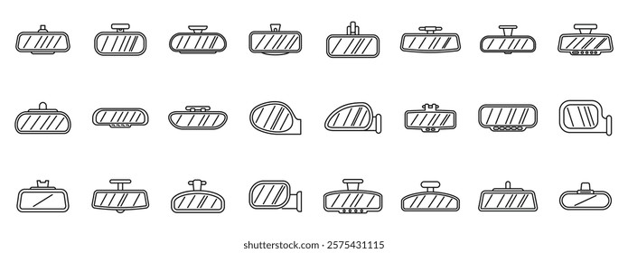 Rearview mirror icons set. Car rearview mirrors showing different shapes, sizes, fixing systems, and additional functionalities in a linear style