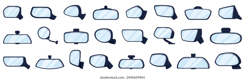 Iconos de espejo retrovisor conjunto Vector de dibujos animados. Automóvil detrás. Transporte automático