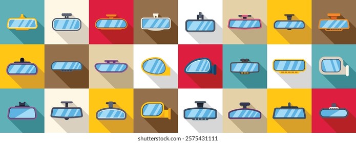 Rearview mirror icons set. Different types of rearview mirrors ensuring safe driving