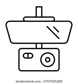 Video Espejo retrovisor con el icono delgado de la línea del registrador, concepto de las piezas del coche. Gráficos de Vector. Señal de la cámara de seguridad en el fondo blanco, icono del estilo del contorno para el móvil o el Diseño web