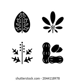 Reason for allergy black glyph icons set on white space. Dieffenbachia, schefflera. Ragweed pollen. Allergen from peanuts. Cause of allergic reaction.Silhouette symbols. Vector isolated illustration