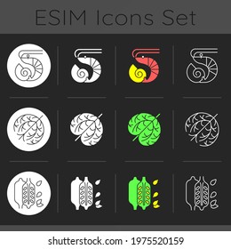 Reason for allergy dark theme icons set. Crustaceans and molluscs. Sesame seeds. Food intolerance. Common allergens. Linear white, solid glyph and RGB color styles. Isolated vector illustrations