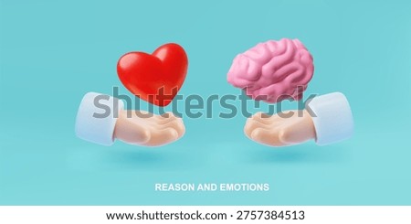 Reason and emotions 3D banner vector design. Realistic human brain and heart in hands. Mental health concept. Psychology health care therapy. Abstract wellbeing mindfulness, harmony mind and soul