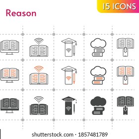 reason icon set. included cloud library, ebook, smartphone, book icons on white background. linear, bicolor, filled styles.