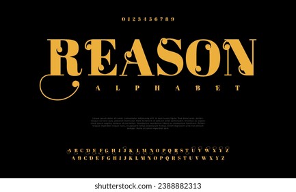 Reason premium luxury elegant alphabet letters and numbers. Elegant wedding typography classic serif font decorative vintage retro. Creative vector illustration