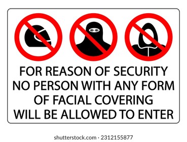 For reason of security no person with any form of facial covering will be allowed to enter. Ban signs with helmet, burqa and hood and text below.