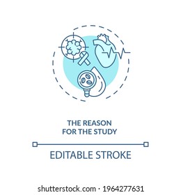 Reason for study concept icon. Clinical trial protocol component idea thin line illustration. Investigational drug purpose. Data analyzing. Vector isolated outline RGB color drawing. Editable stroke