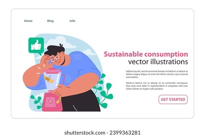 Reasonable consumption web or landing. Highlighting mindful shopping and waste reduction. Encourages thoughtful product use. Flat vector illustration.