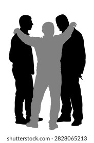 Reasonable friendly man wants to prevent conflict between unreasonable enemies vector silhouette illustration isolated. Peaceful conciliator between angry people in verbal conflict Calm down situation