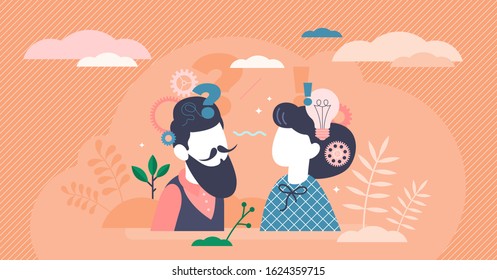 Reasoning abstract activity concept, flat tiny person couple planning and dealing with decision making process. Stylized vector illustration with creative question mark, light bulb and gear symbols.